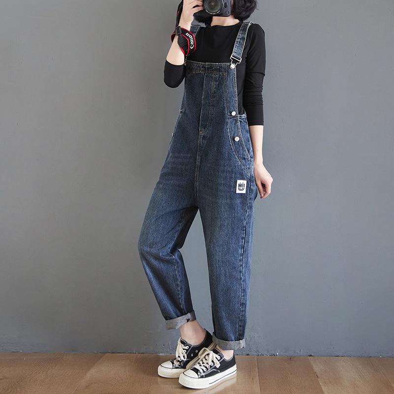 サロペット レディース デニム オーバーオール オールインワン ゆったり ルーズフィット ワイド ハーレムパンツ テーパード ハイウエスト ロング丈 綿混 カジュアル レトロ ヴィンテージ ダークブルー 濃紺