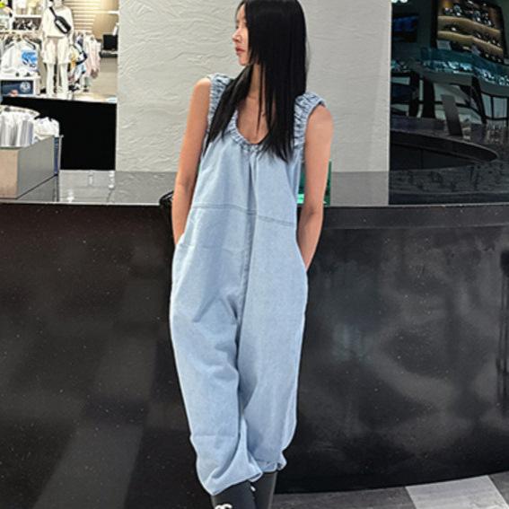 デニム サロペット レディース ゆったり オーバーオール ダメージ加工 ユーズド加工 ストレートシルエット ハイウエスト コットン 綿 微ストレッチ カジュアル 普段使い 深青 ライトブルー