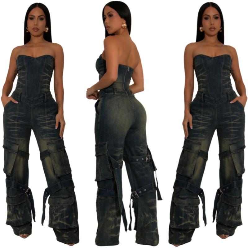 オールインワン レディース デニム サロペット ワイドパンツ ベアトップ風 セクシー ストレッチ コットン ノースリーブ 多ポケット V字ウエスト ウォッシュ加工 ダメージ加工 ユーズド加工 ストリート カジュアル レトロデニムブルー フルレングス
