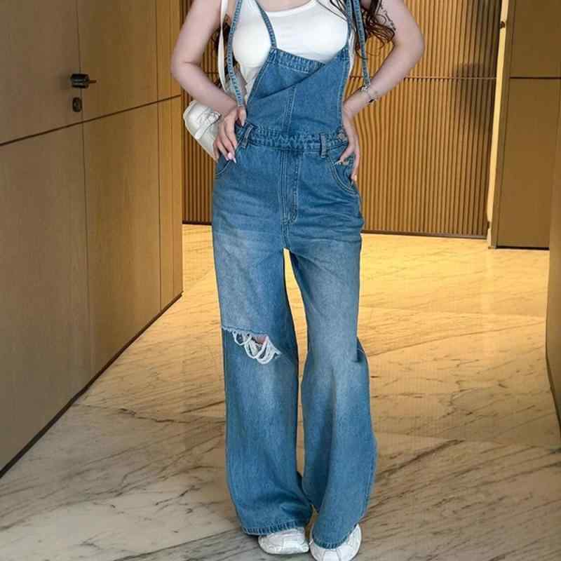 デニム サロペット レディース 韓国風 レトロ ヴィンテージ ブルー ダメージ加工 デザイン ワイドパンツ ルーズシルエット ゆったり ハイウエスト 綿混 オールインワン 若見え 体型カバー ストリート カジュアル ロング丈 伸縮性なし