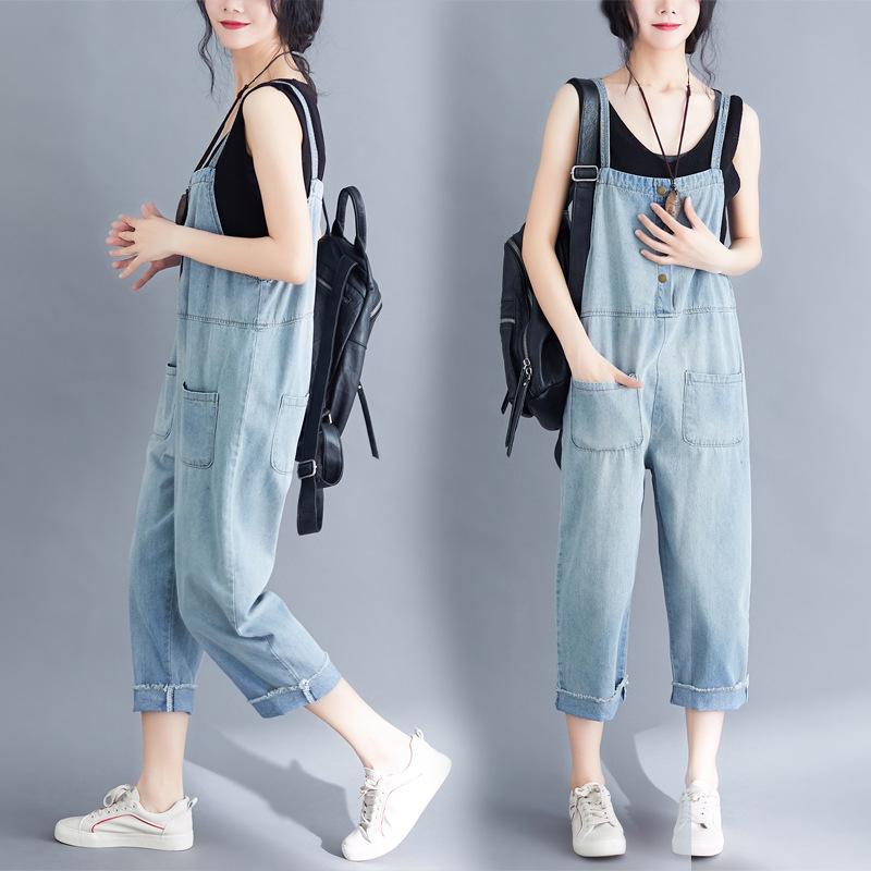 サロペット レディース デニム パンツ オーバーオール 韓国 ファッション 大きいサイズ ゆったり クロップド丈 カジュアル 綿混 ライトブルー 高ウエスト 体型カバー 若見え ダメージ加工