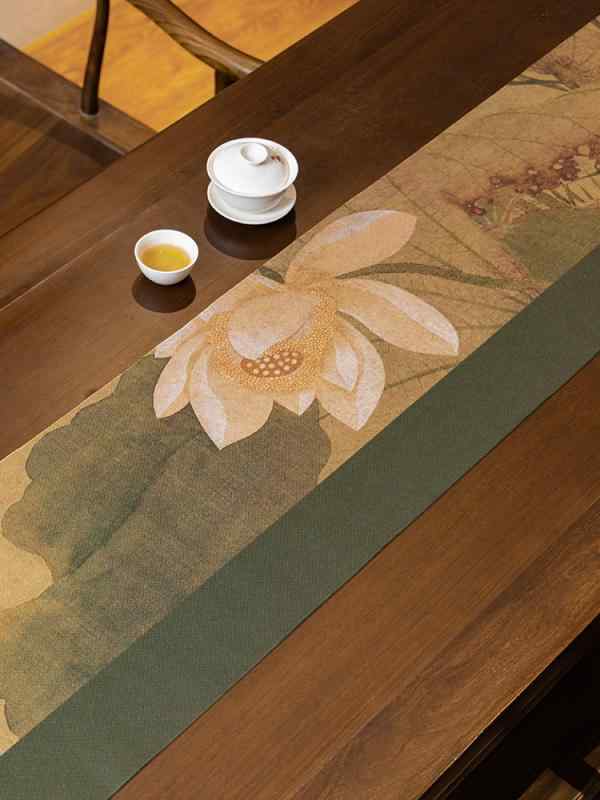 テーブルランナー 茶席 茶卓マット 白蓮柄 蓮の花柄 中華風 禅意 和風 防水 撥水 耐熱 高級感 上品 インテリア ファブリック リビング 和室 おもてなし 来客用 多用途
