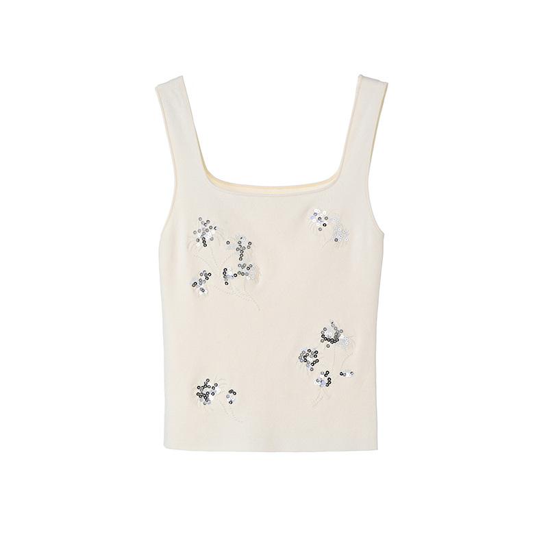 ニット ノースリーブ トップス レディース 女性用 エレガント シンプル スリム 細身 着痩せ効果 スパンコール 刺繍 花柄 ショート丈 接触冷感 レーヨン 高伸縮 通勤 オフィス カジュアル 上品