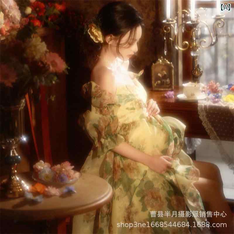 マタニティ ワンピース 撮影用衣装 フォトスタジオ マタニティフォト レトロ 油絵風 アンティーク調 クラシック 文芸風 ナチュラル 小花柄 ロング丈 フレアスカート ノースリーブ パッチワーク ドレス ポリエステル