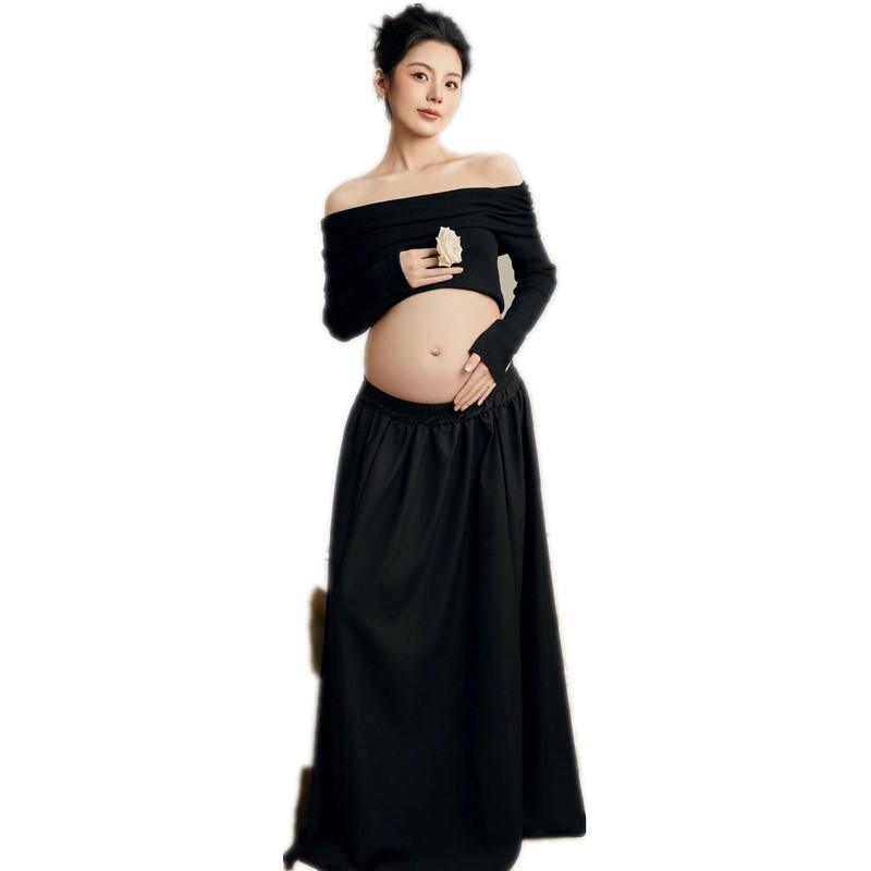 ワンピース マタニティ 妊婦服 シンプル 高級感 撮影用 自宅撮影 おうちフォト スタジオ撮影 記念写真 お腹ゆったり 黒 ミモレ丈 長袖 ドレス ポリエステル