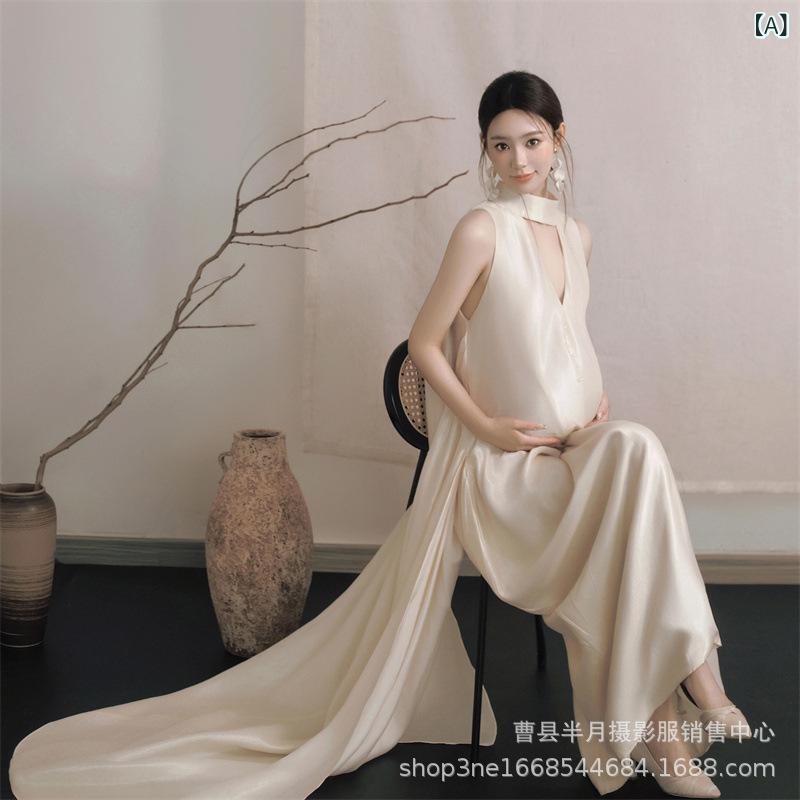 ワンピース マタニティ 妊婦 プレママ 女性用 高級感 シャンパンカラー アセテートサテン 中華風 ロング丈 ドレス フォーマル マタニティフォト スタジオ撮影 記念写真 エレガント 上品 ポリエステル生地