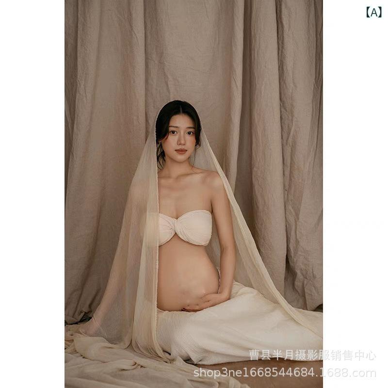 マタニティフォト 衣装 妊婦用 記念撮影 レトロ シンプル おしゃれな雰囲気 トップス ロングスカート ベール 3点セット ポリエステル素材 フリーサイズ 欧米風 ファンタジー マタニティドレス