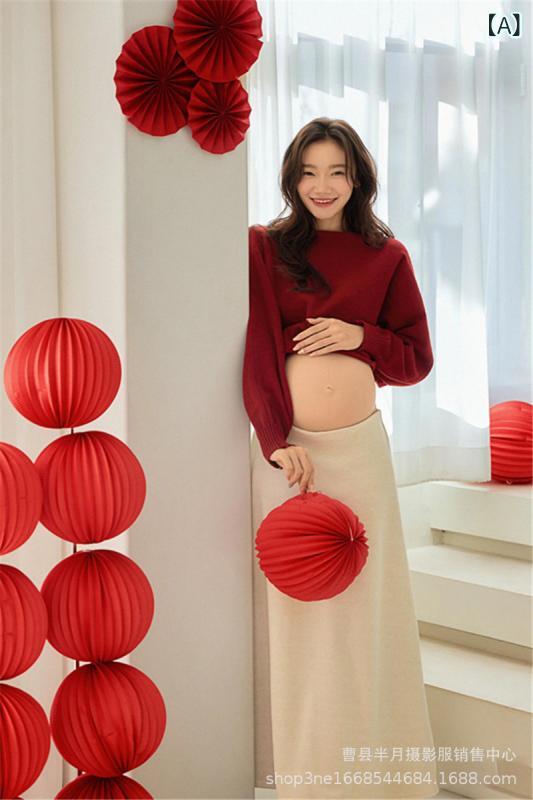 マタニティ 撮影衣装 レディース 新年 お正月 妊婦 マタニティフォト 写真撮影服 スイート ゆったり ルーズフィット カジュアル 温かい ニット セーター トップス スカート セットアップ 上下セット レッド 赤 真紅 ポリエステル フリーサイズ