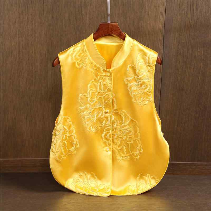 ベスト レディース 中華風 新チャイニーズスタイル レトロ クラシック アセテートサテン 凝った刺繍 植物花柄 スタンドカラー 前開き 上品 エレガント 高級感 イエロー 黄色 お出かけ｜Grams店
