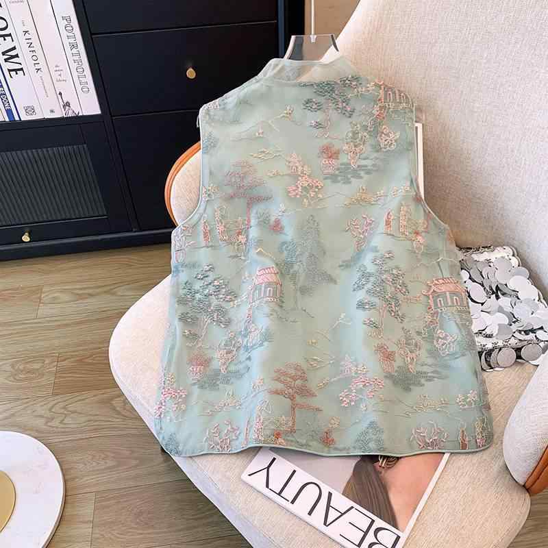 ベスト レディース 新チャイナ風 全面刺繍 オーガンジー ジャカード織り 花柄 二重仕立て スタンドカラー 前開き ゆったり オーバーサイズ レトロモダン エレガント 上品な羽織り レイクグリーン ポリエステル