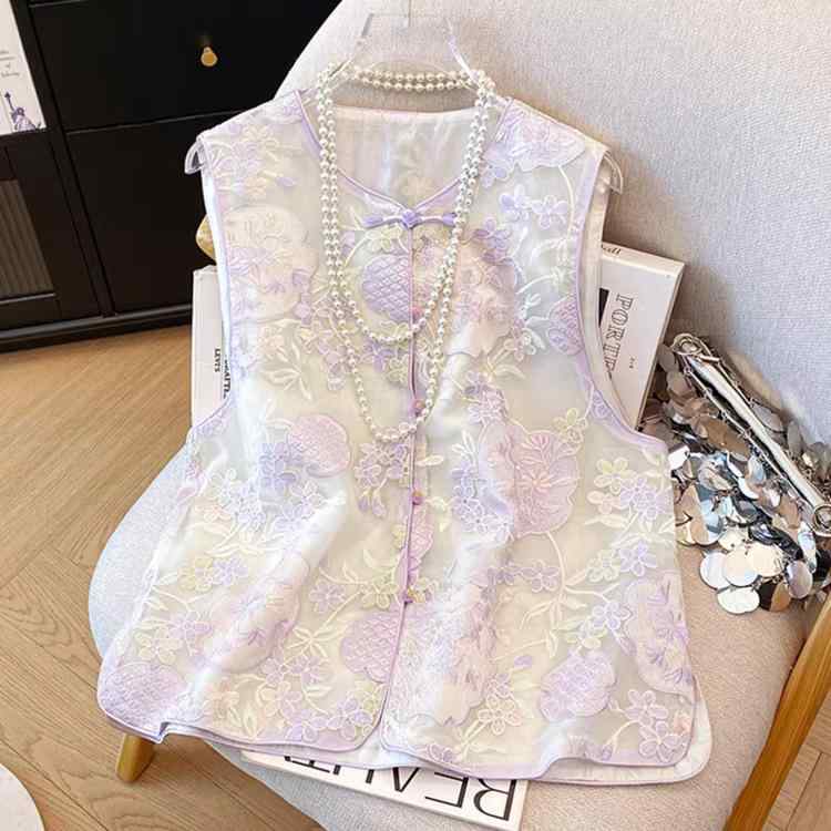ベスト レディース 新チャイナ風 和風 ジレ 精密刺繍 重厚刺繍 Vネック 開襟 薄手 軽量 ゆったり ルーズ 上品 エレガント 通勤 普段使い オフィスカジュアル トレンド ファッション イエロー パープル