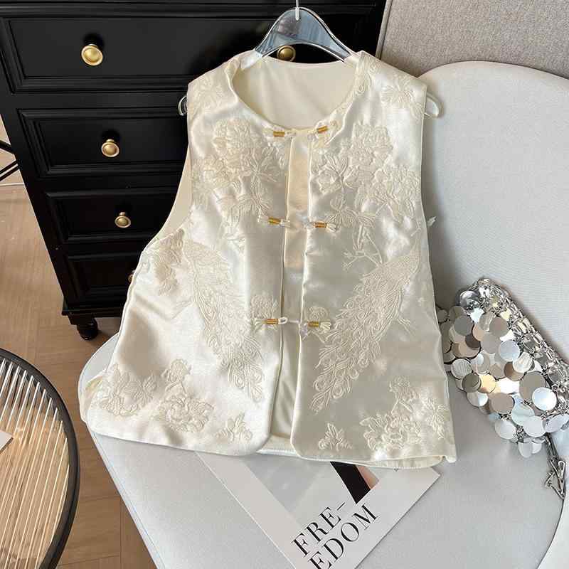 ベスト レディース 新中華風 民族風 ジレ 春物 アウター 羽織り エレガント 上品 高級感 柔らかな ライトラグジュアリー ラウンドネック 丸首 チャイナボタン 結びボタン 刺繍 メッシュ素材 オフホワイト アイボリー 着回し 普段使い