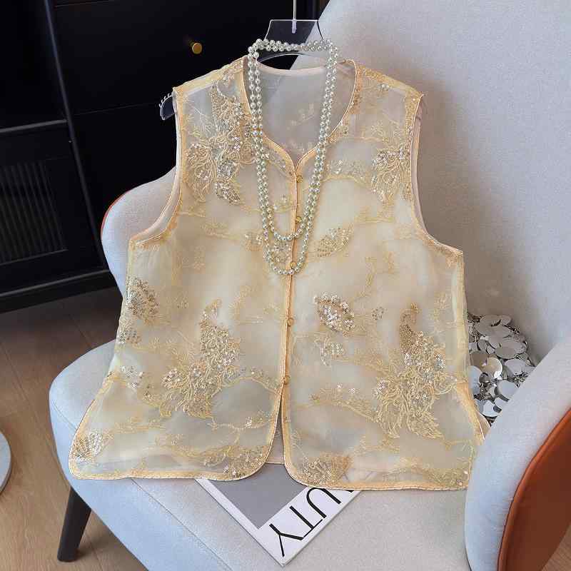 ベスト ジレ レディース 女性用 新チャイナ風 レトロ オーガンジー 薄手 凝った刺繍 ノースリーブ 夏 サマー トップス 上品 エレガント オフィス カジュアル 通勤 普段使い ポリエステル 大人
