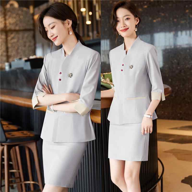 セットアップ レディース サロン ホテル 受付 美容師 SPA 制服 ユニフォーム エレガント 上品 高級感 ワークスーツ ポリエステル 五分袖 パフスリーブ フリル襟 春 秋