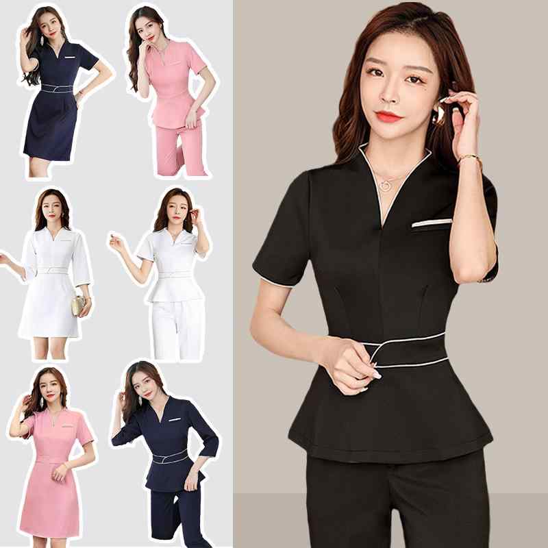セットアップ レディース 女性用 美容院 エステ サロン リラクゼーション ホテル 接客業 事務服 制服 ユニフォーム スリムフィット 細見え Vネック 吸湿速乾 伸縮性 ポリエステル 上下セット