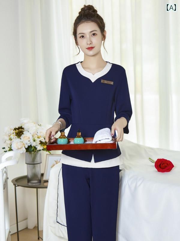 ユニフォーム レディース 高級感 美容師 技師 SPA エステ 整体院 事務服 上品 ゆったり Vネック 五分袖 九分丈パンツ ポリエステル 吸湿速乾 セットアップ｜Grams店
