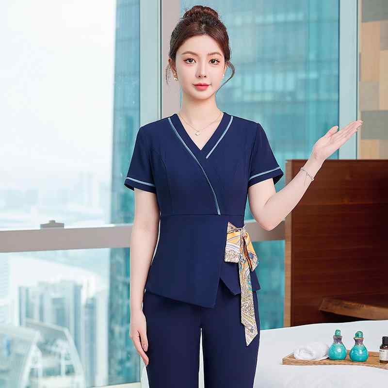 制服 レディース 女性用 エステ スパ フットケア 施術 ユニフォーム 半袖 セットアップ 上下セット 作業服 上品 エレガント ポリエステル ストレッチ グリーン ピンク ブルー系