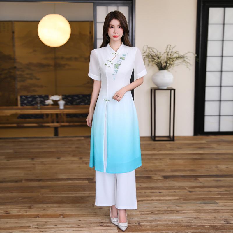 制服 レディース エステ リラクゼーション ホテル SPA 受付 スタッフ ユニフォーム 上下セット 吸汗速乾 ポリエステル 立ち襟 半袖 ロングパンツ エレガント ブルー