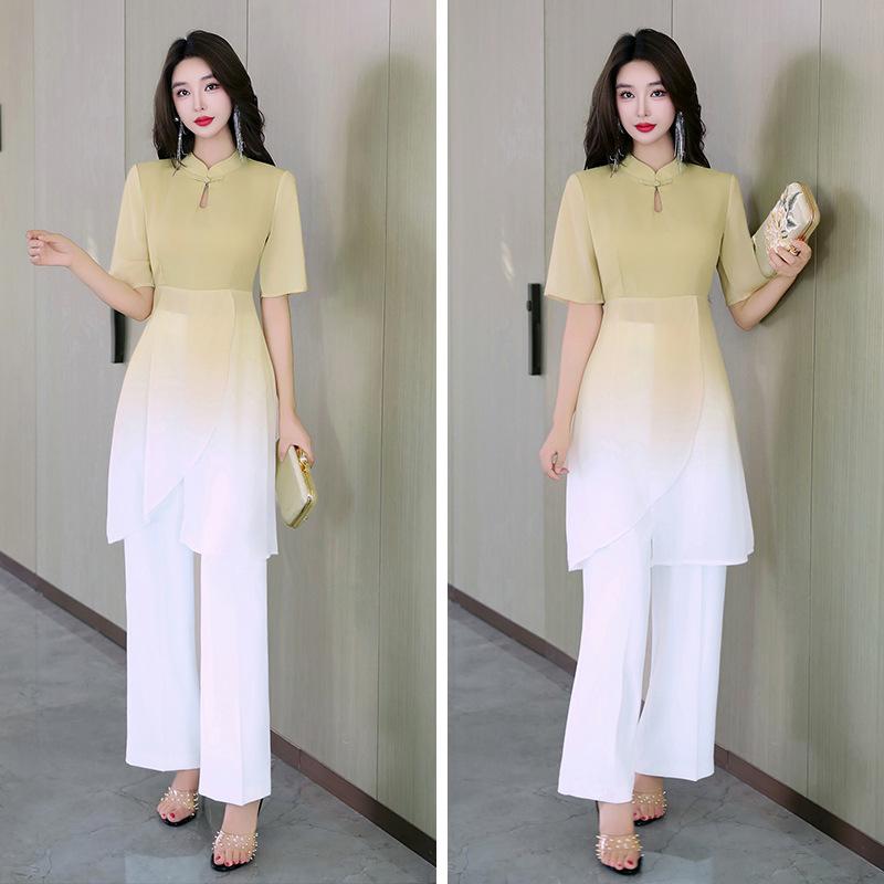 ユニフォーム レディース スパ エステ フットケア セラピスト 制服 パンツスーツ 上下セット 上品 柔らかな着心地 グリーン 五分袖 ラッフルスリーブ 長ズボン ポリエステル混紡