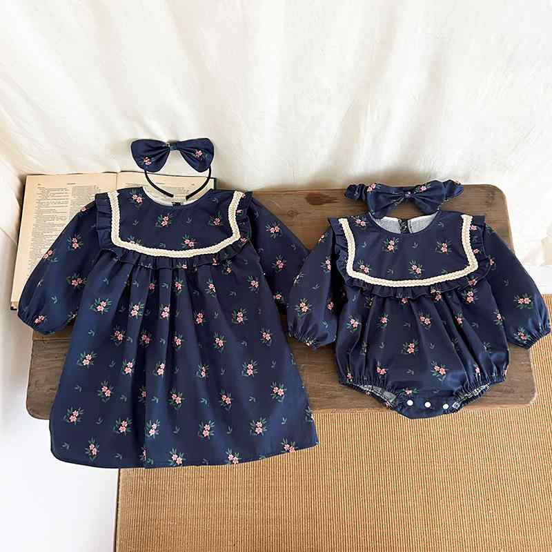 ベビー服 女の子 ロンパース カバーオール ワンピース ドレス 小花柄 長袖 韓国風 かわいい 普段使い お出かけ着 姉妹 お揃い リンクコーデ 綿100%