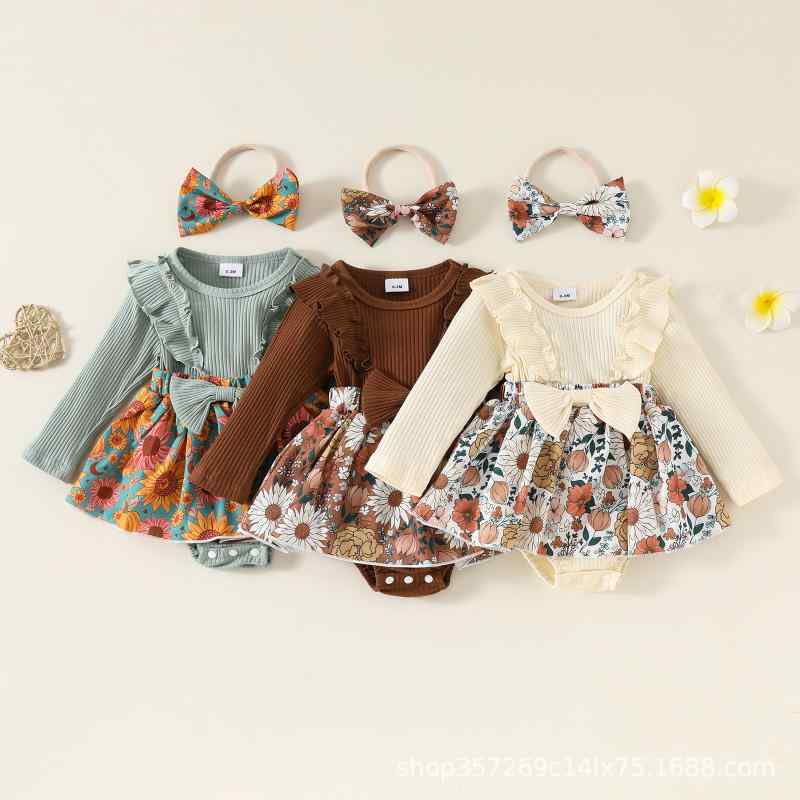 ロンパース 女の子 ベビー 赤ちゃん 長袖 重ね着風 刺繍 リブ 無地 柔らかい 肌触り コットン 綿素材 ナチュラル カジュアル かわいい スナップボタン 春 夏 秋 冬 多色展開 ライトグリーン オフホワイト ダークブラウン