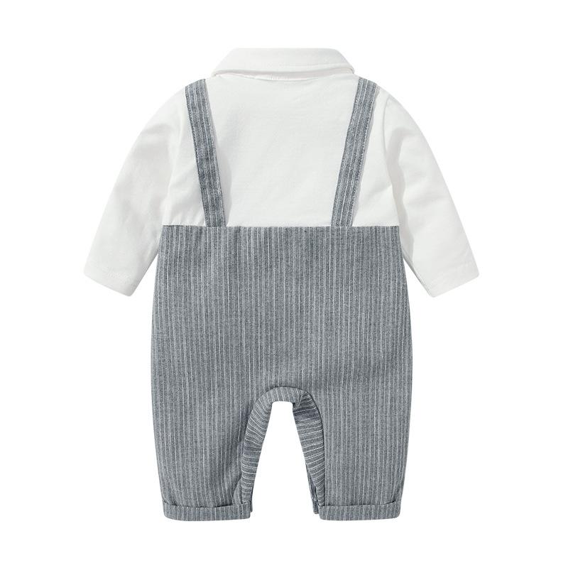 ロンパース ベビー 男の子 新生児服 1歳向け 襟付き 紳士風 フェイクサスペンダー 切り替えデザイン 綿 コットン 長袖 スナップボタン 前開き 韓国風 グレー 春秋用 カバーオール