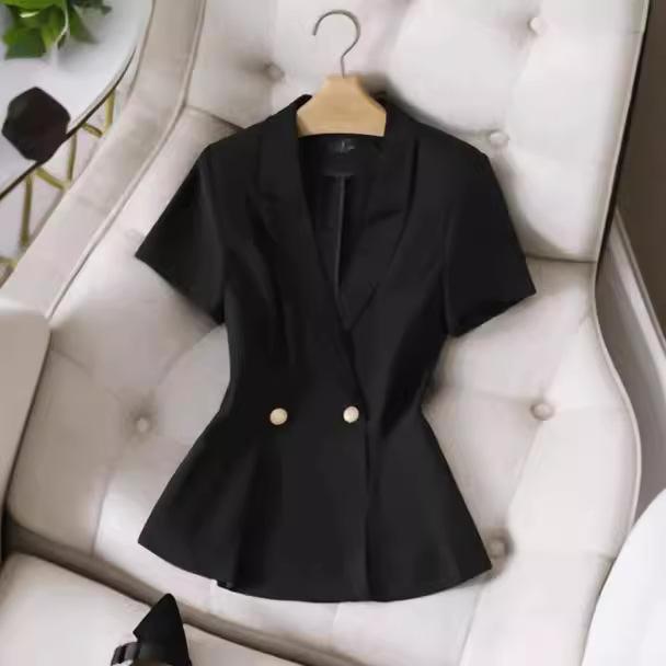 セットアップ レディース 女性用 半袖 ジャケット スカートスーツ キャリアスーツ オフィス ビジネス ホテル制服 フロント 受付 通勤 フォーマル 上品 エレガント ポリエステル 吸湿速乾 ブラック