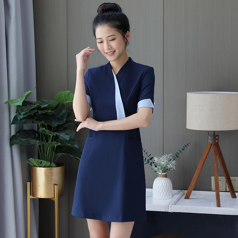 ワンピース レディース エステティシャン サロン ワークウェア 制服 Vネック 七分袖 綿混 吸湿速乾 ストレッチ ミドル丈 上品 施術着