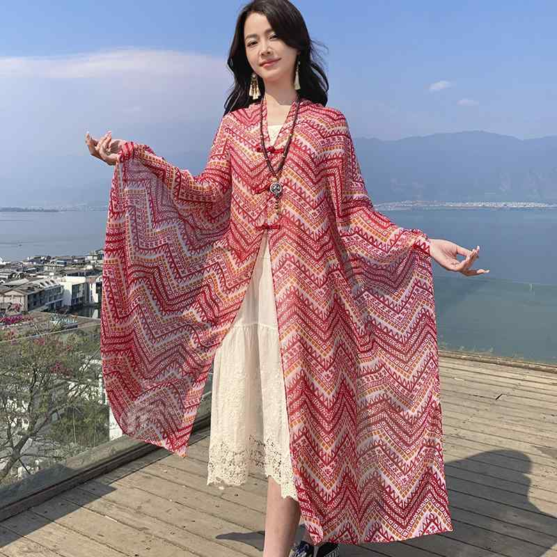 ショール レディース 民族風 チャイナボタン 薄手 夏 羽織り 旅行 トラベル コーデ 写真撮影 日焼け対策 UVカット 冷房対策 エスニック柄 幾何学模様 ポリエステル 春 秋