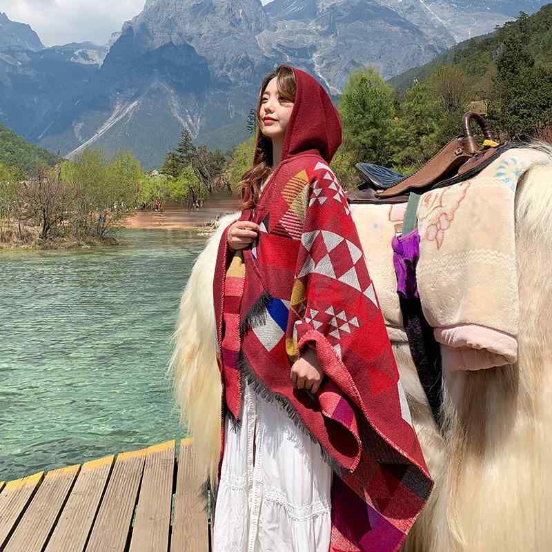 ポンチョ レディース 女性用 民族風 フード付き ケープ あたたかい 防寒 羽織り ボヘミアン エスニック レトロ 旅行 トラベル 普段使い オールシーズン ストール ショール レッド ブラウン ブラックグリーン グレー