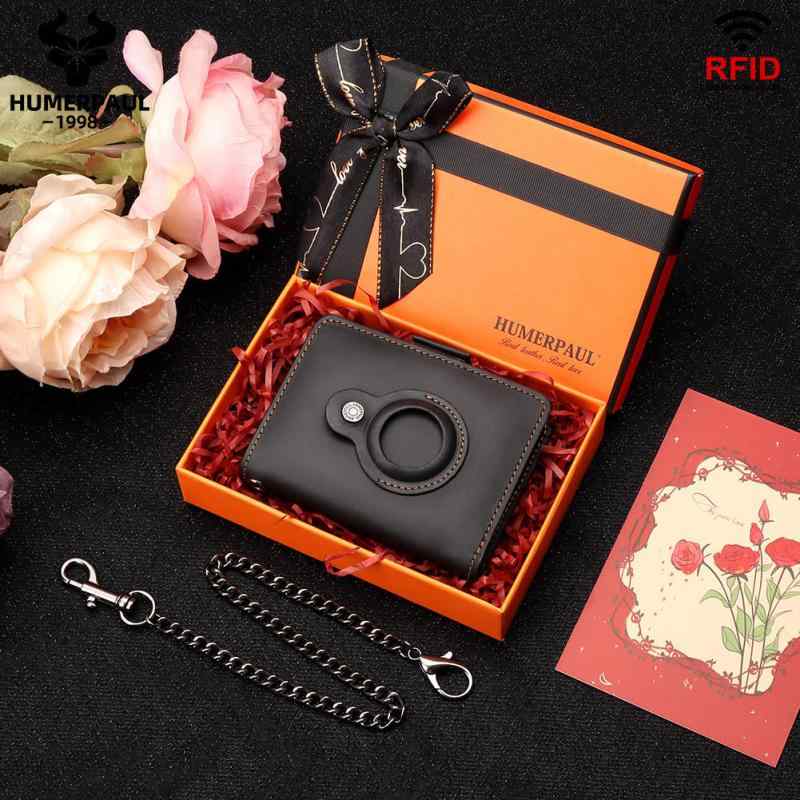 財布 メンズ AirTag対応 本革 牛革 二つ折り ウォレット スキミング防止 RFID機能 防犯 メタルチェーン付き 薄型 コンパクト 普段使い レトロスタイル 黒 コーヒー ライトブラウン