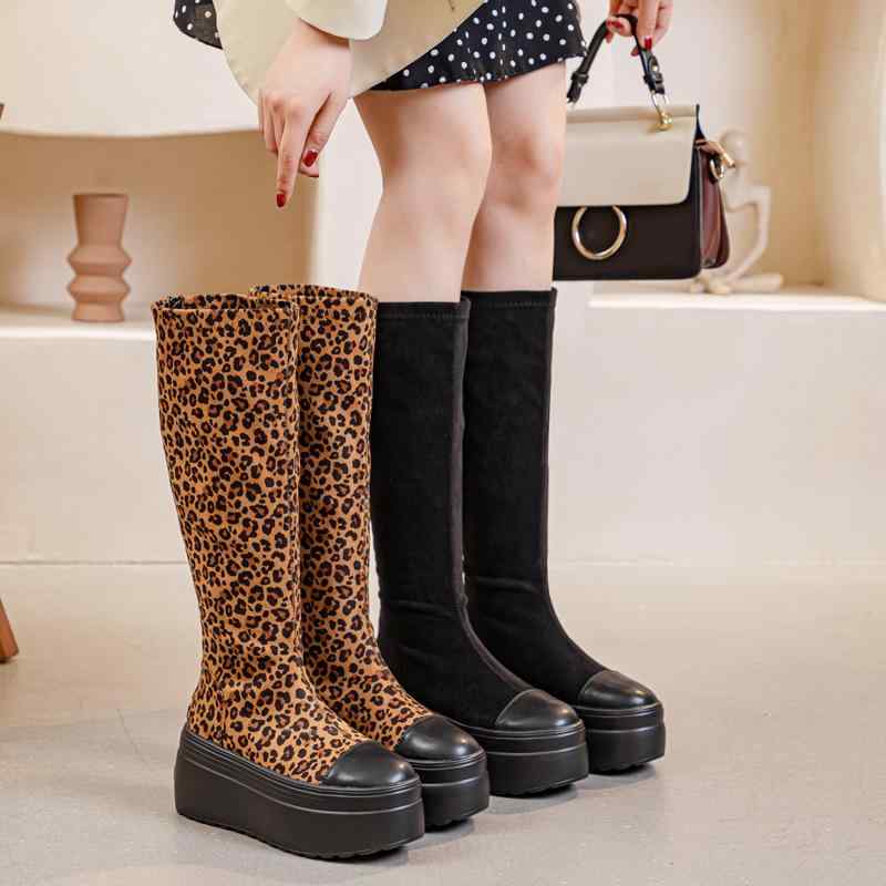 ブーツ レディース ロングブーツ ヒョウ柄 バックジップ 厚底 プラットフォームソール ストレッチ 細見え 秋冬 カジュアルスタイル ラウンドトゥ ハイヒール 美脚効果 牛革 ポリウレタンソール 裏ボア|Grams店
