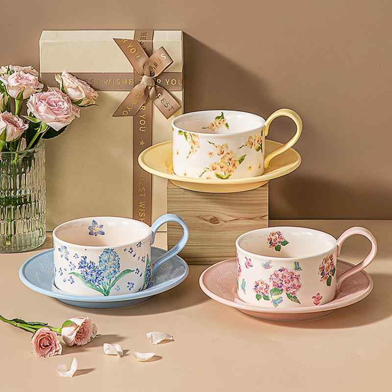 コーヒーカップ オリジナル 花柄 陶器製 カップ＆ソーサー セット アジサイ ヒヤシンス コチョウラン オフィス 自宅 カフェ アフタヌーンティー ティータイム 来客用 シンプル おしゃれ マグカップ 喫茶店 食器