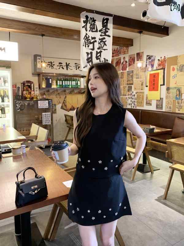 カジュアルセットアップ レディース ノースリーブトップス スカート 2点セット 韓国ファッション 上品 エレガント 大人カジュアル スポーティー ポリエステル スパンデックス素材 光沢感 快適 普段使い デイリーユース お出かけ