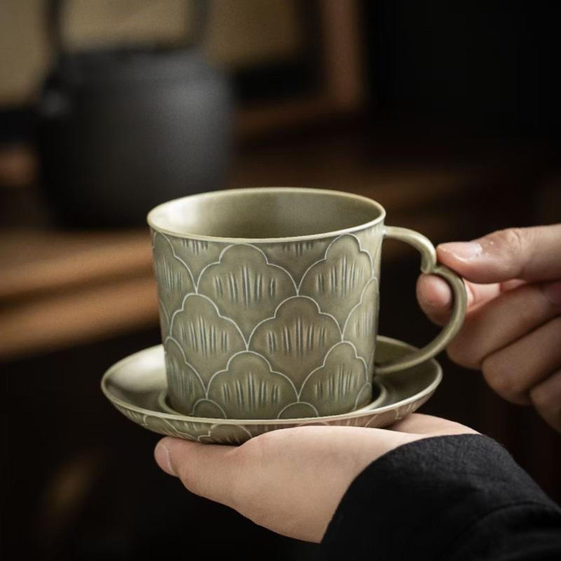 コーヒーカップ 青磁 ティーカップ マグカップ カップ&ソーサー セット 高級感 レトロ クラシック アフタヌーンティー 家庭用 自宅用 来客用 カフェ レストラン オフィス