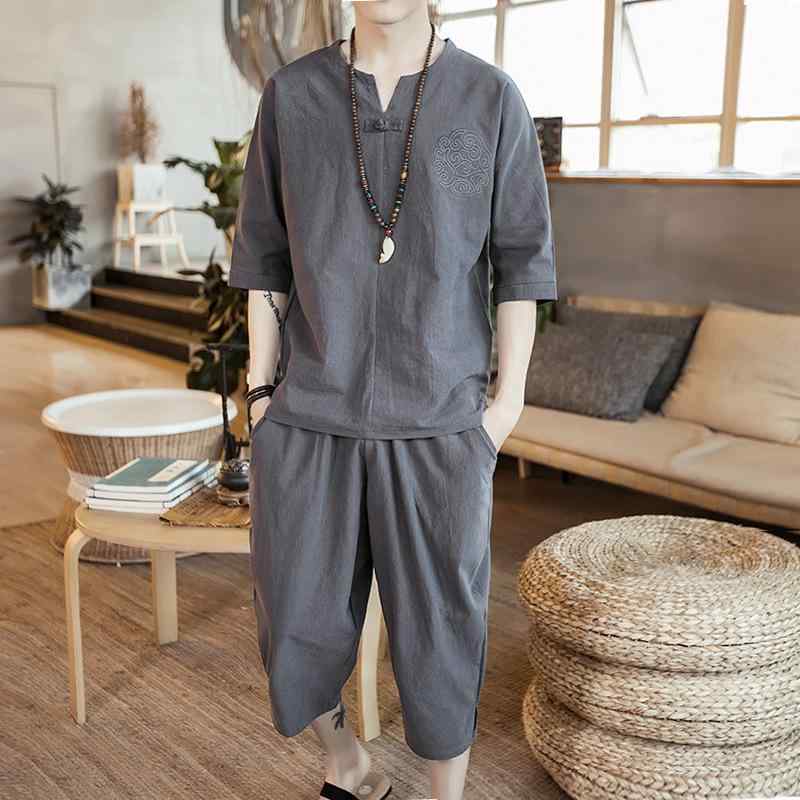 メンズ セットアップ チャイナ風 エスニック 七分袖 Vネック Tシャツ 七分丈パンツ 上下2点セット 綿麻 リネン素材 ゆったり ルーズフィット 薄手 涼しい カジュアル 普段使い 夏物 リラックスウェア