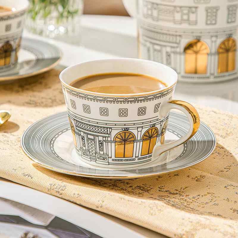 陶磁器 珈琲カップ ティーカップセット 欧風 フレンチデザイン 金彩 建築モチーフ 上品 高級感 レトロ 220ml アフタヌーンティー 自宅 オフィス カフェ用