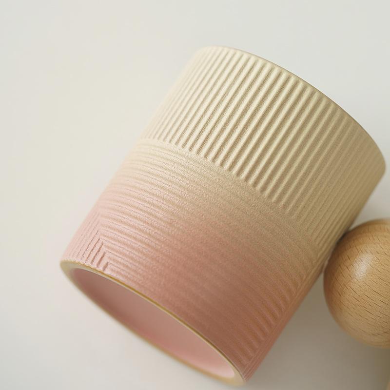 カップ & ソーサー 陶磁器 粗陶製 木製ハンドル グラデーション レトロ モダン おしゃれ コーヒー ティー ラテカップ マグカップ 普段使い 来客用 オフィス カフェ ピンク ブルー ブラック グリーン セット
