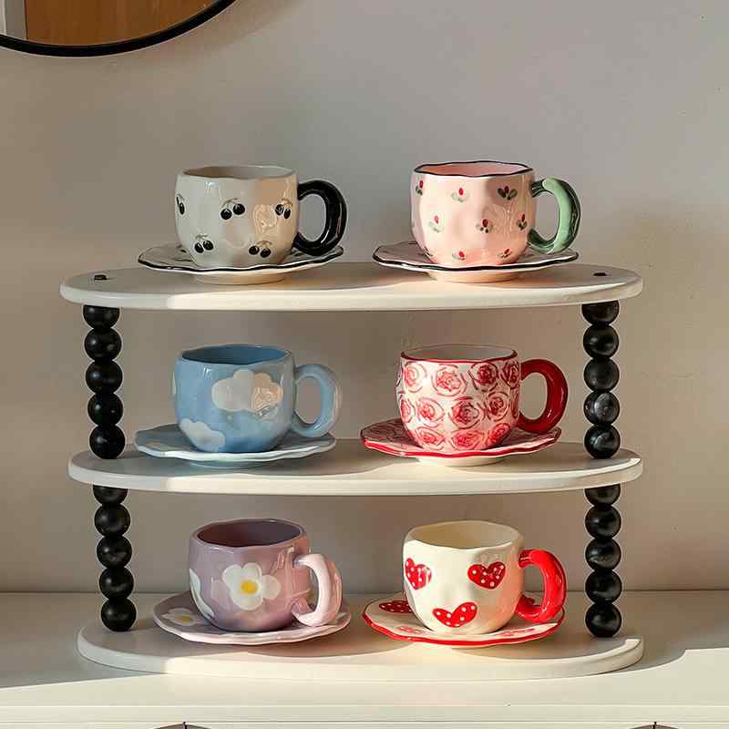 コーヒーカップ 陶磁器 釉下彩 手描き マグカップ ソーサー付き ペアセット おしゃれ かわいい 高見え 花柄 ハート柄 さくらんぼ柄 ラテアート おうちカフェ オフィス 自宅用 普段使い 340ml