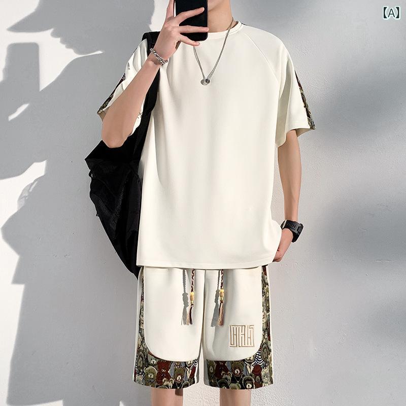 セットアップ メンズ 男性用 半袖 Tシャツ ショートパンツ 上下セット クマ柄 ストリート トレンド カジュアル スポーツ 普段使い ルームウェア ポリエステル 吸湿速乾 通気性 涼しい 快適 オフホワイト ブラック グリーン 夏物