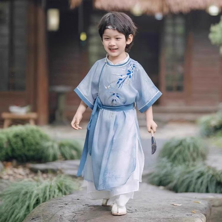 漢服 男の子 中国風 古風 伝統衣装 セットアップ 上下セット ラウンドネック 丸首 舞台衣装 発表会 文化体験 イベント衣装 かっこいい ポリエステル ソフトな肌触り 柔らかい素材