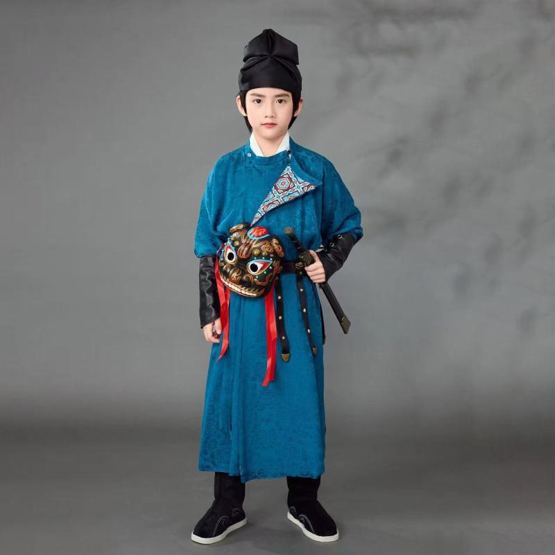 漢服 男児 キッズ 唐代風 丸襟袍 中国風 民族衣装 時代衣装 発表会 舞台衣装 コスプレ 写真撮影 イベント ポリエステル 人工カラーコットン 柔らかな肌触り 青系