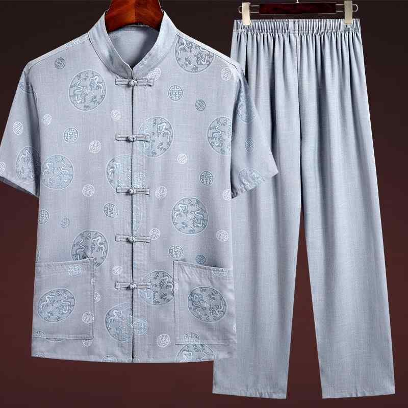 唐装 メンズ 男性用 中高年向け 夏物 半袖 ショートスリーブ セットアップ 上下セット チャイナ服 中国風 綿麻 コットンリネン 麻混 トップス シャツ カジュアル 普段使い リラックスウェア