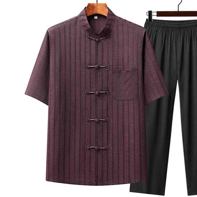 中国風セットアップ メンズ 成人男性用 中高年 年がしら 夏用 半袖 レトロ調 瀬戸もの服 中国言い慣わし服 普段着 お部屋着 心地よい ポリエステル 立体断ち切る シワになりにくい 上下仕掛ける