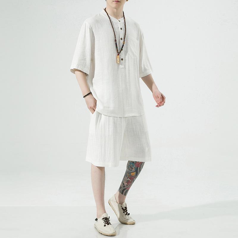 セットアップ メンズ 男性用 半袖 ショートパンツ 綿麻 リネン ポリエステル混紡 中国風 中華風 エスニック レトロ プリント柄 カジュアル 普段使い 部屋着 涼しい 軽量 快適