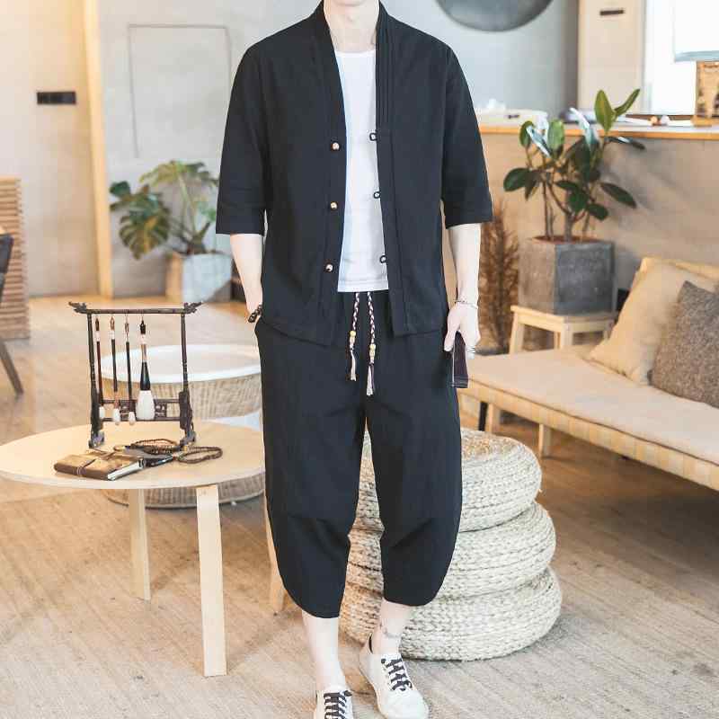 セットアップ メンズ 成人男性用 中国風 唐装 綿麻 混紡 五分袖 二分の一捩り 上衣 七分丈 クロップドパンツ 気が大きい大きさ ゆったり 2点 上下仕掛ける 夏服 冷やりとした 普段着 心地よい 黒 うす暗い薄墨色 米国海軍
