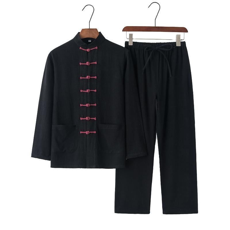 チャイナ服 メンズ 中高年 春秋 綿麻 長袖 2点セット 中華風 盤扣 ソフトリネン セットアップ 太極拳 カンフー 武術 練習着 普段使い リラックス カジュアル オールシーズン
