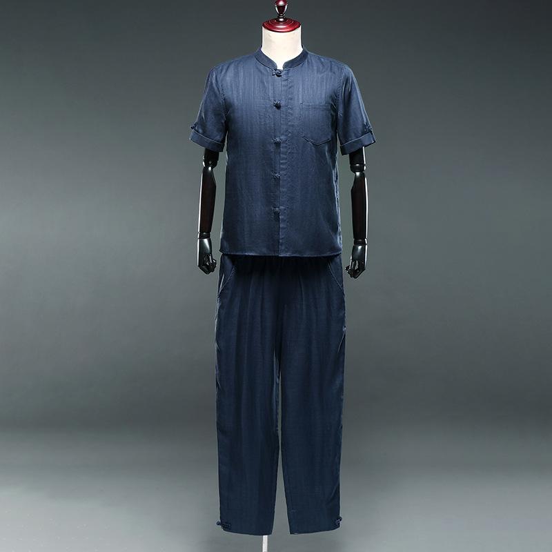 チャイナ服 メンズ 半袖シャツ 九分丈パンツ 上下セット 大人男性用 中国風 麻 リネン テンセル素材 カジュアル 普段着 リラックスウェア 夏服 清涼感 吸湿速乾｜Grams店