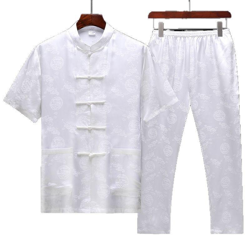 セットアップ メンズ 新中華風 唐装風 龍鳳柄 半袖シャツ 上下セット 桑蚕シルク100% 純シルク 天然素材 高級感 父親世代 シニア向け 夏物 ビジネス カジュアル 普段使い ロングパンツ 紳士｜Grams店
