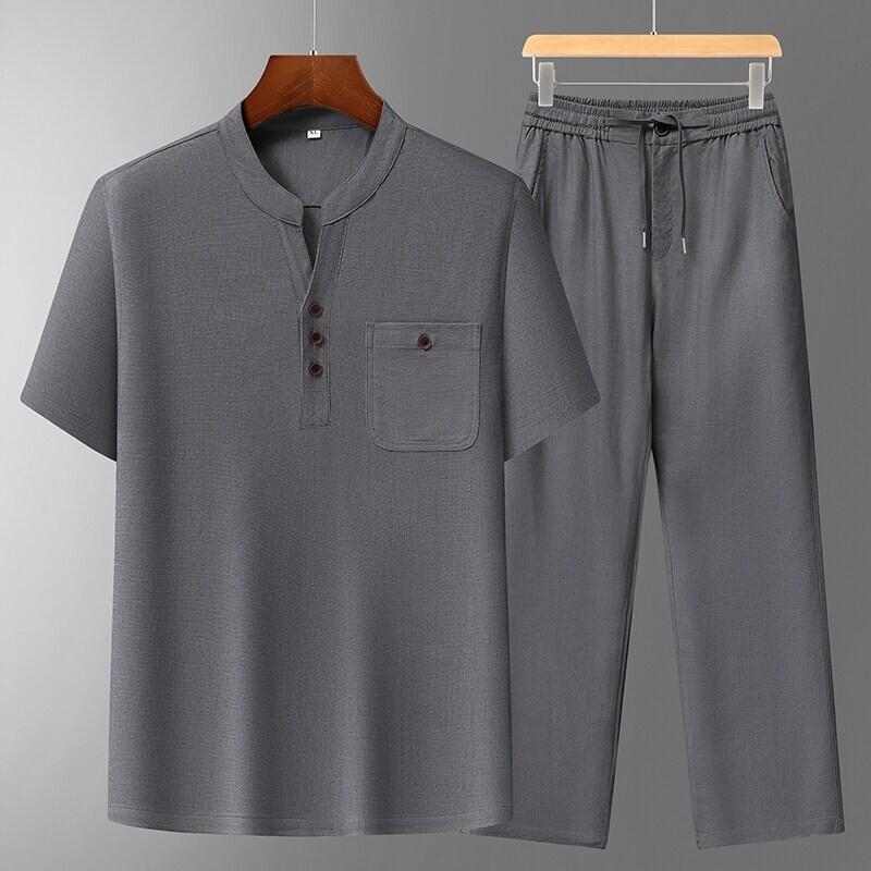 セットアップ メンズ 半袖 Tシャツ 綿麻 リネン 麻素材 夏物 涼しい 通気性 ノーアイロン 中華風 上下セット カジュアル ビジネス 紳士服 ミドル シニア世代 父親 ゆったり
